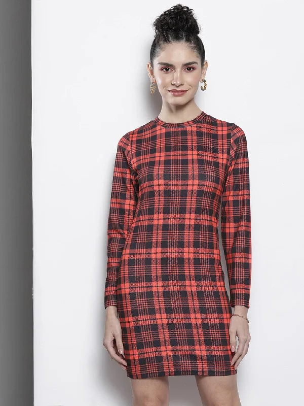 Incredible Savings Inside!Incredible Savings Inside!Women Red Check Knit High Neck Bodycon Dress