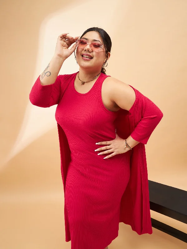 Bigger Savings, Better Shopping!Women Red Rib Sleeveless Bodycon Dress With Shrug