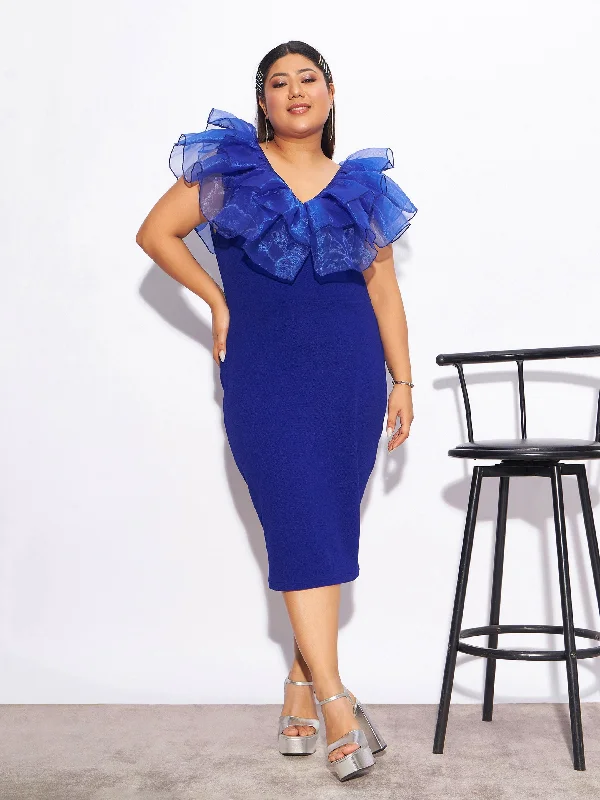 Price Drops You’ll Love!Women Royal Blue Organza Frill Detail Bodycon Dress