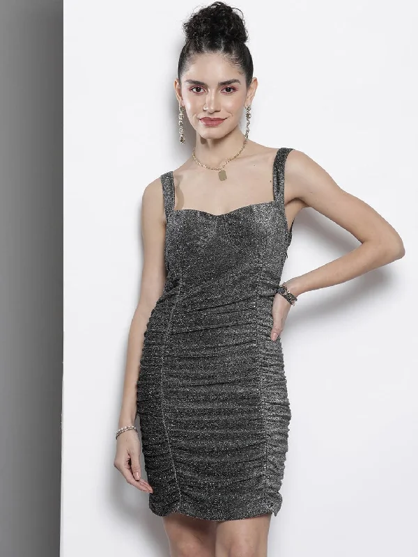 Huge Price Cuts Await!Huge Price Cuts Await!Women Silver Lurex Ruched Bodycon Dress