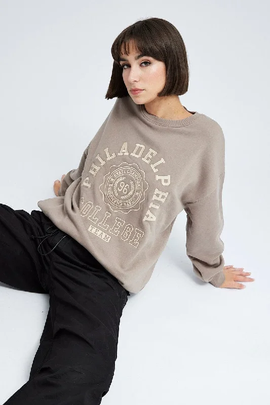 Hottest Discounts of the Year!Beige Graphic Tee Long Sleeves