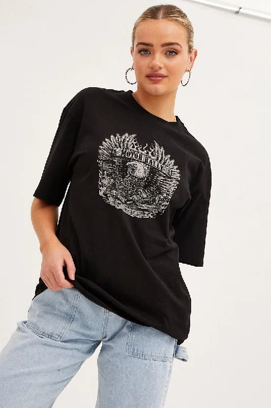 Limited Edition, Limited Price!Black Graphic T-Shirt Crew Neck Short Sleeve