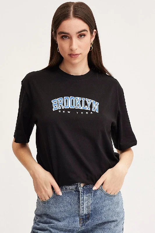 Grab Yours Before It’s Too Late!Black Graphic T Shirt Short Sleeve Embroided
