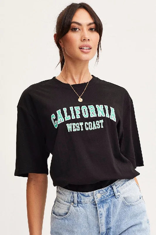 Seasonal Sale – Shop Now!Black Graphic T Shirt Short Sleeve Embroided
