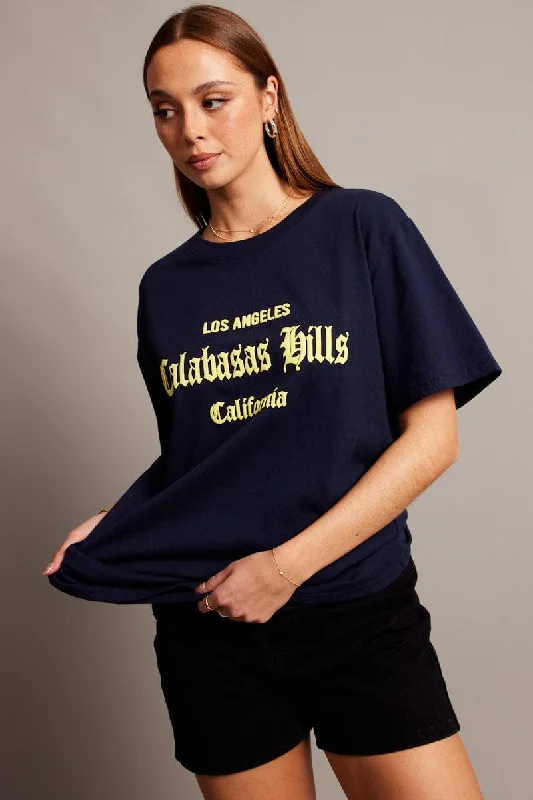 Your Shopping Wish, Our Discount Command!Blue Graphic Tee Short Sleeve