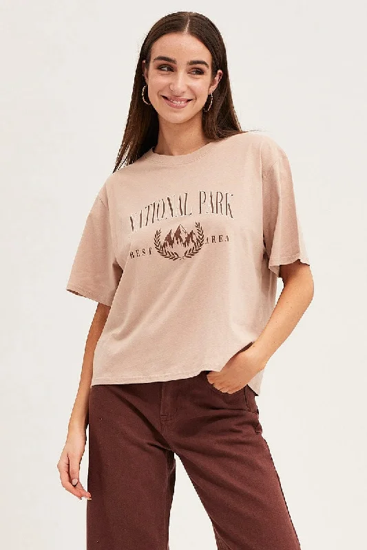 Upgrade for Less!Brown Crew Neck Cotton Graphic T-Shirt