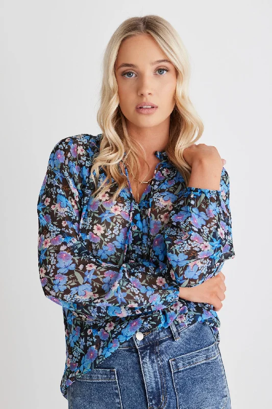 Limited-Time Price Drop!Deft Blue Floral Shirred LS Button Blouse