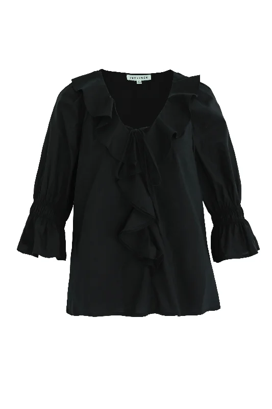 Your Dream Deal is Here!Distinctive Black Voile Ruffle Front Ss Top