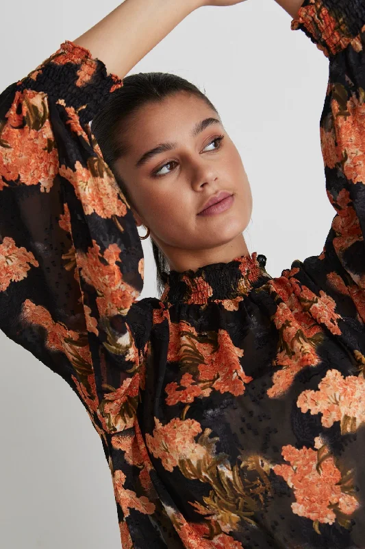 Every Deal is a Steal!Embrace Black Orange Floral Ls High Neck Shirred Puff Sleeve Top
