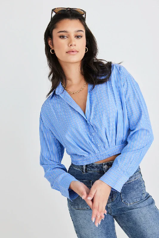 Exclusive Deals Just for You!Gifted Blue Stripe Button Pleat Ls Crop Shirt