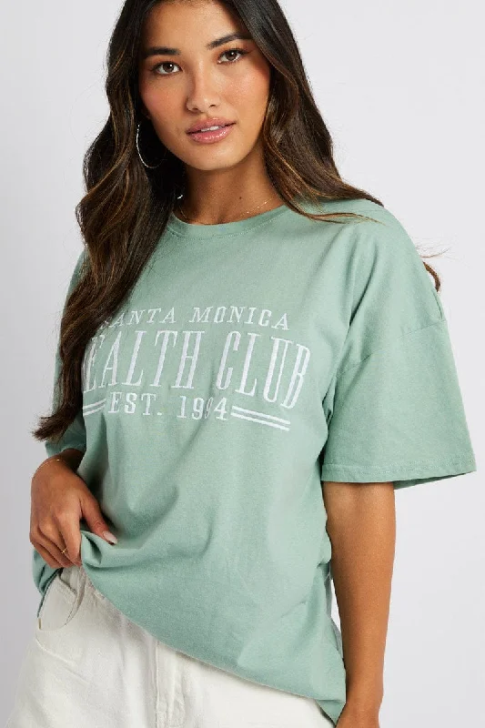 Instant Savings Await!Green Graphic Tee Health Club Embroidery Slogan T-shirt