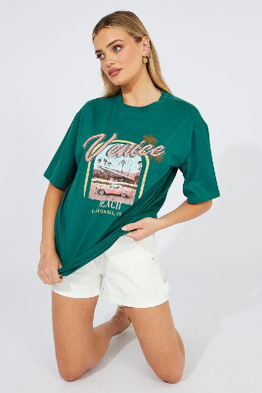 Must-Have Deals Inside!Green T Shirt Short Sleeve Crew Neck Venice Beach Cotton