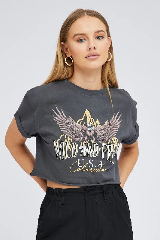 Act Fast – Limited Time Savings!Grey Graphic Eagle Mountains Crop Oversized Tee T-shirt