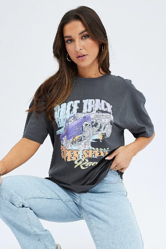 Unbeatable Prices!Grey Graphic Tee Short Sleeve Round Neck Print Jersey