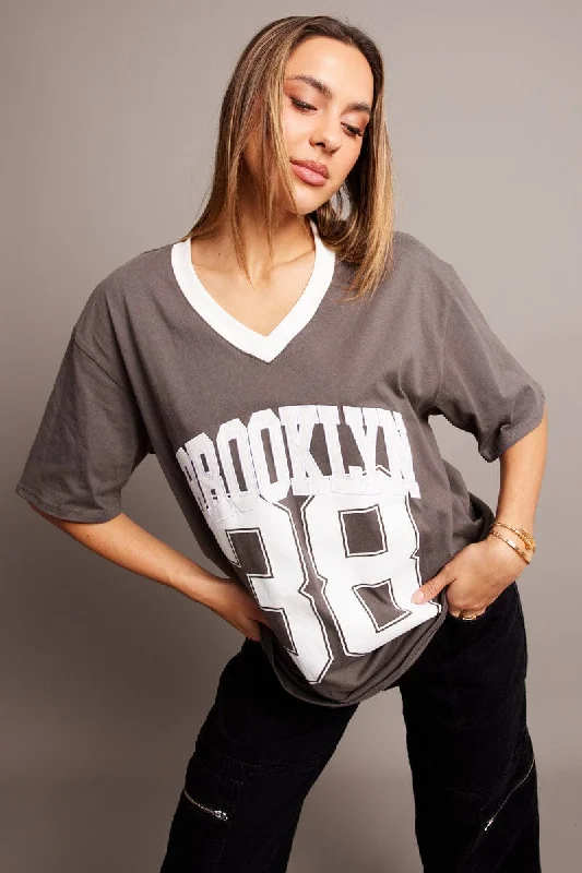 Your Wallet Will Thank You!Grey Graphic Tee V Neck Short Sleeve