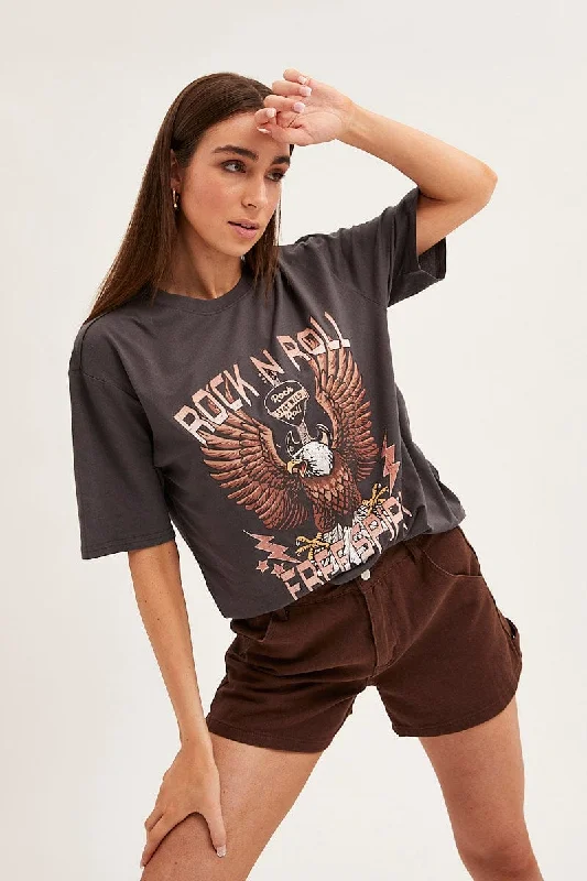 One Day Only – Huge Savings!Grey T Shirt Short Sleeve Crew Neck Rock N' Roll Eagle