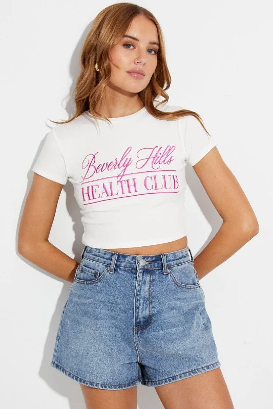 Save Up to 50% Off!Pink Crop Tee Embroidered Beverly Hills Slogan Tshirt
