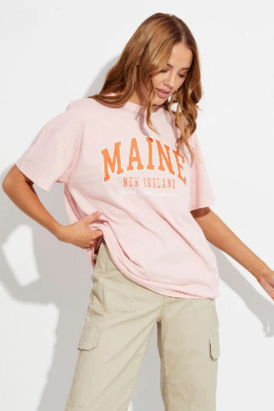 Limited-Time Price Drop!Pink Tee Round Neck Collage Slogan Varsity Graphic