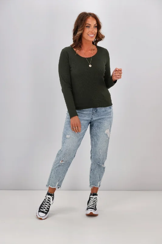 Time to Save Big!Shine On Label Classic Rib Long Sleeve Top Khaki