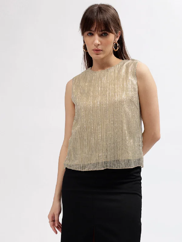 Incredible Savings Inside!Centre Stage Women Gold Self Designed Round Neck Sleeveless Top Incredible Savings Inside!Centre Stage Women Gold Self Designed Round Neck Sleeveless Top