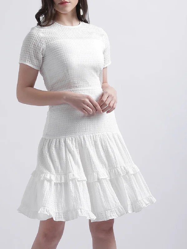 Find the Best Deals Here!Centre Stage Women White Solid Round Neck Dress