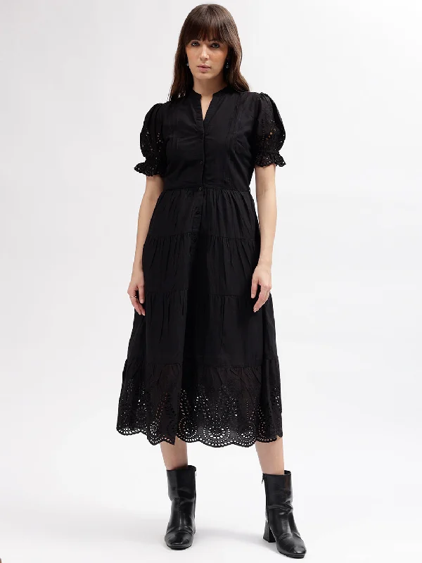 Your Exclusive Offer Awaits!Elle Women Black Embroidered Mandarin Short Sleeves Dress