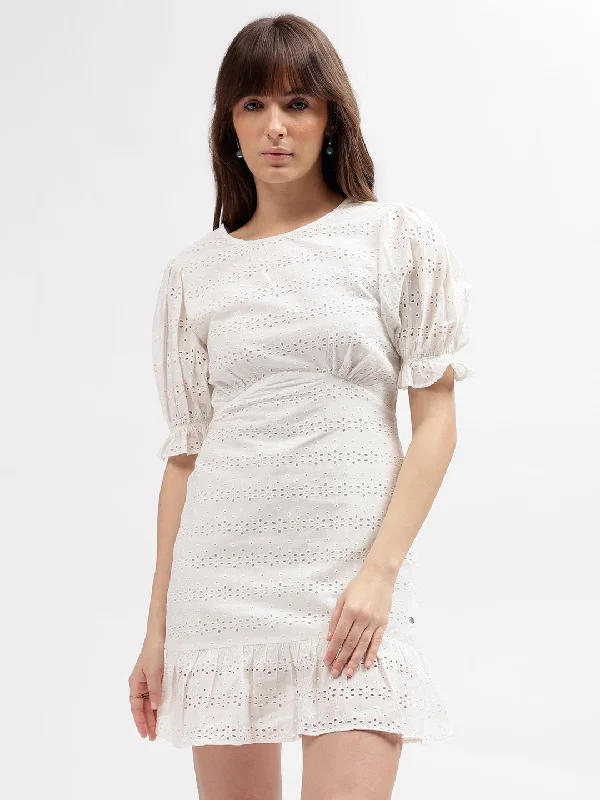 Steals and Deals Await!Elle Women White Embroidered Boat Neck Short Sleeves Dress