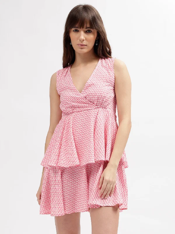 Bigger Savings, Better Shopping!Elle Women Pink Printed V Neck Sleeveless Dress