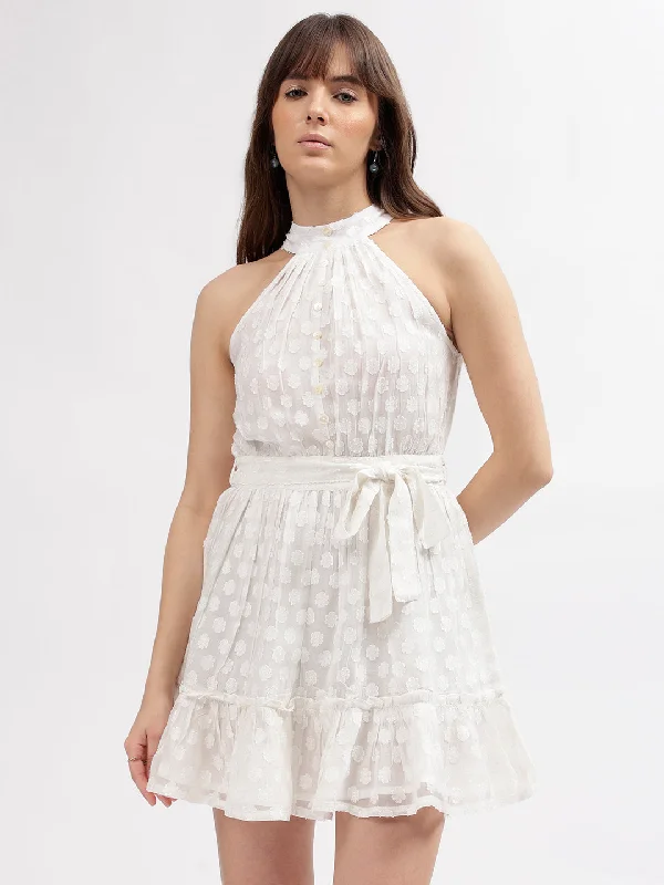 Huge Savings – Act Now!Elle Women Off White Self-Design Choker Neck Sleeveless Dress Huge Savings – Act Now!Elle Women Off White Self-Design Choker Neck Sleeveless Dress