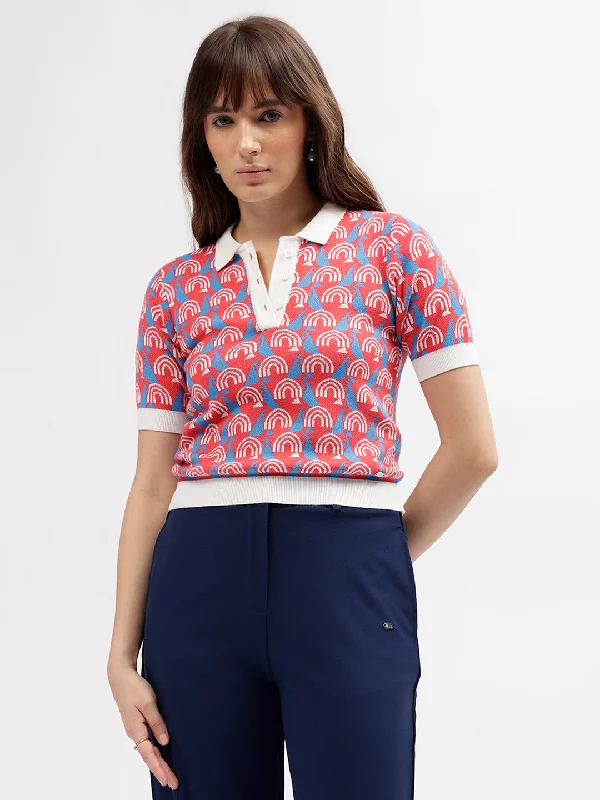Must-Have Deals Inside!Elle Women Multi Color Printed Polo Collar Short Sleeves T-shirt Must-Have Deals Inside!Elle Women Multi Color Printed Polo Collar Short Sleeves T-shirt
