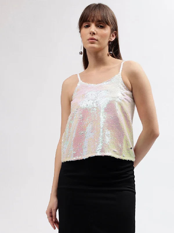 Time to Snag a Bargain!Elle Women Pink Embellished Scoop Neck Shoulder Straps Top