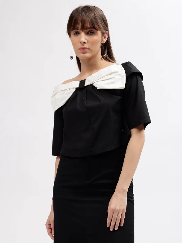Score Big Savings Today!Elle Women Black Solid Off Shoulder Short Sleeves Top