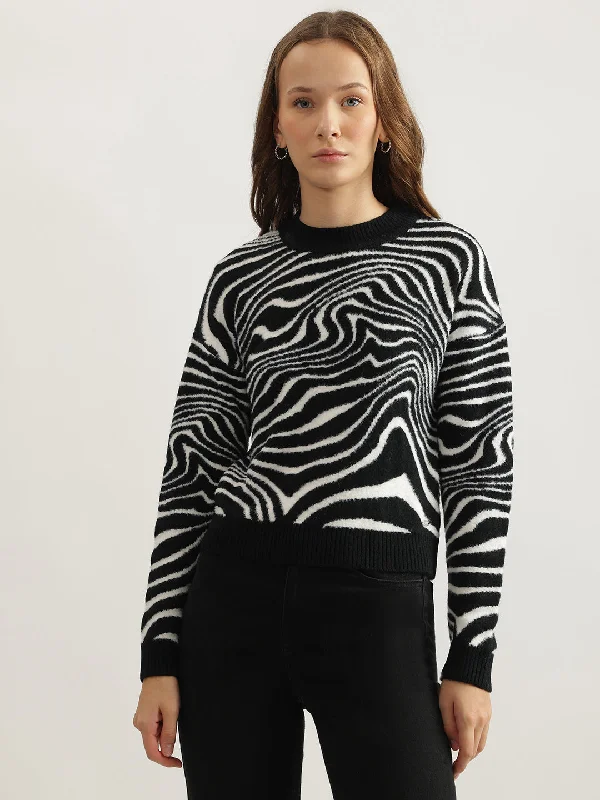 Huge Savings – Act Now!Huge Savings – Act Now!Elle Women Black Printed Round Neck Full Sleeves Pullover Style Sweater