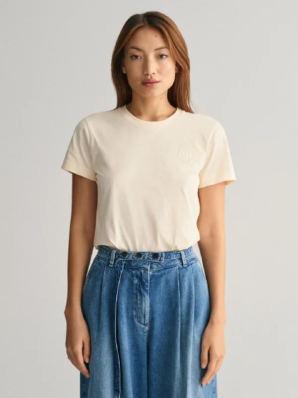 Hot Deals You Can’t Resist!Gant Women Cream Solid Round Neck Short Sleeves T-shirt