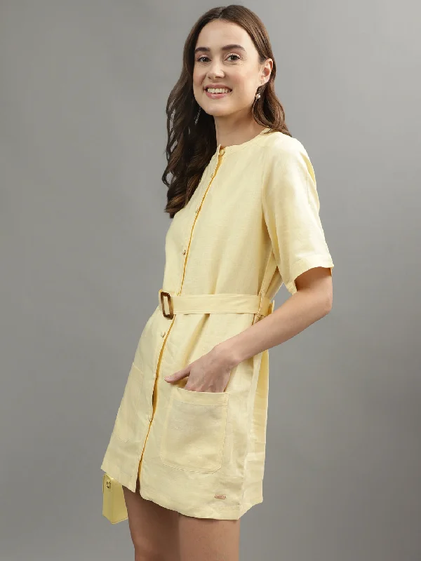 Lowest Prices Guaranteed!Iconic Women Yellow Solid Band Collar Dress