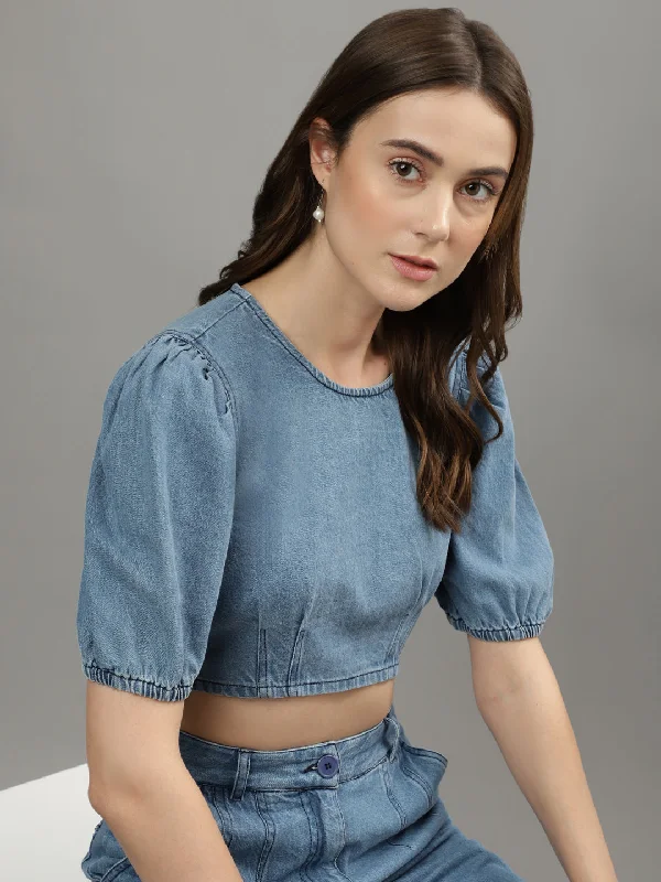 Get It Before It’s Gone!Iconic Women Blue Solid Round Neck Top