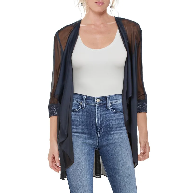 Hurry, Sale Ends Soon!Petites Womens Mesh Lace-Trim Duster Blazer