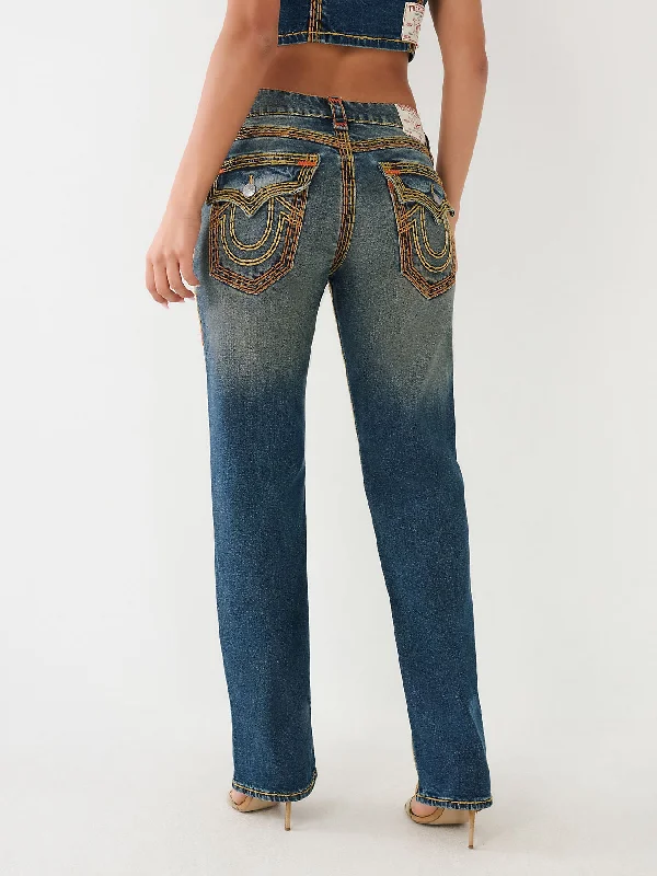 Limited Stock Available!True Religion Womens Super T Ricky Relax Straight Fit Blue Mid Rise Jeans
